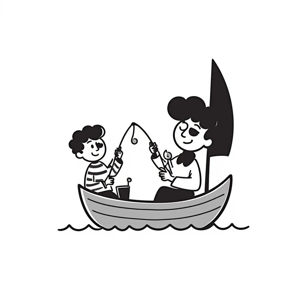 hand-drawn doodle of a pirate fishing from a small boat, black and white emoji