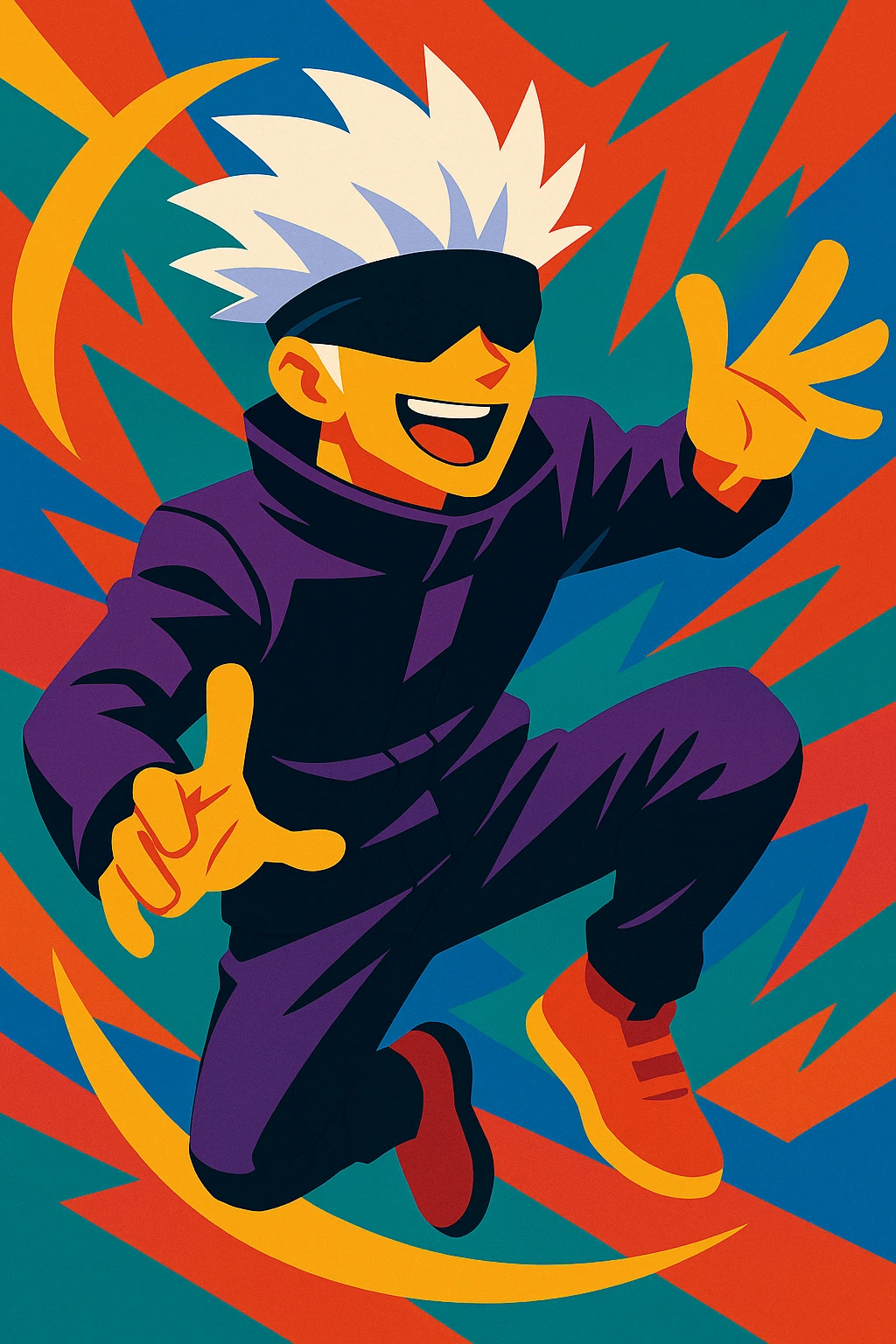 Gojo Satoru from Jujutsu Kaisen, vibrant cartoon style, white hair, blindfold, dynamic action pose emoji