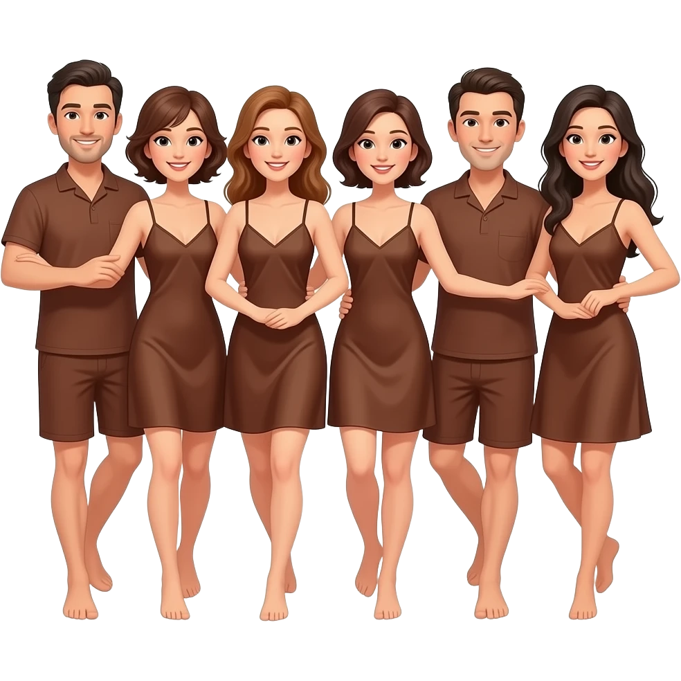 people dancing, total 6 people, 3 guys 3 girls, they are wearing marron color nighty. emoji