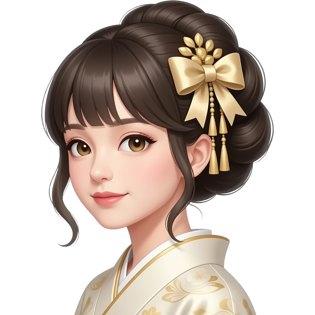 une femme avec une coiffure japonaise kawaii. La vue est en 3/4 Ajoute subtilité pour renforcer l'impression de luxe de la scène. L'ensemble est isolée sur un fond blanc. emoji