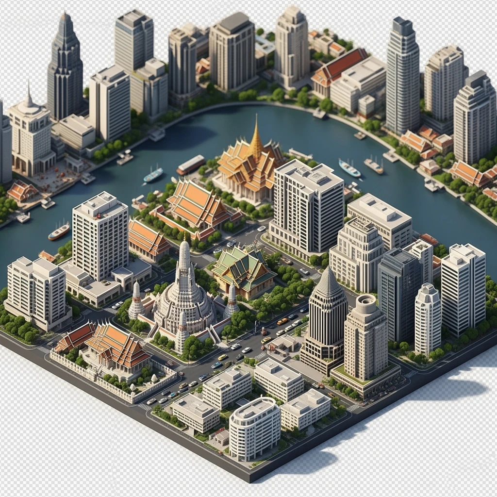 Isometric miniature of Bangkok 3D miniature effect and Tilt Shift effect, no cartoonish look, transparent background. emoji