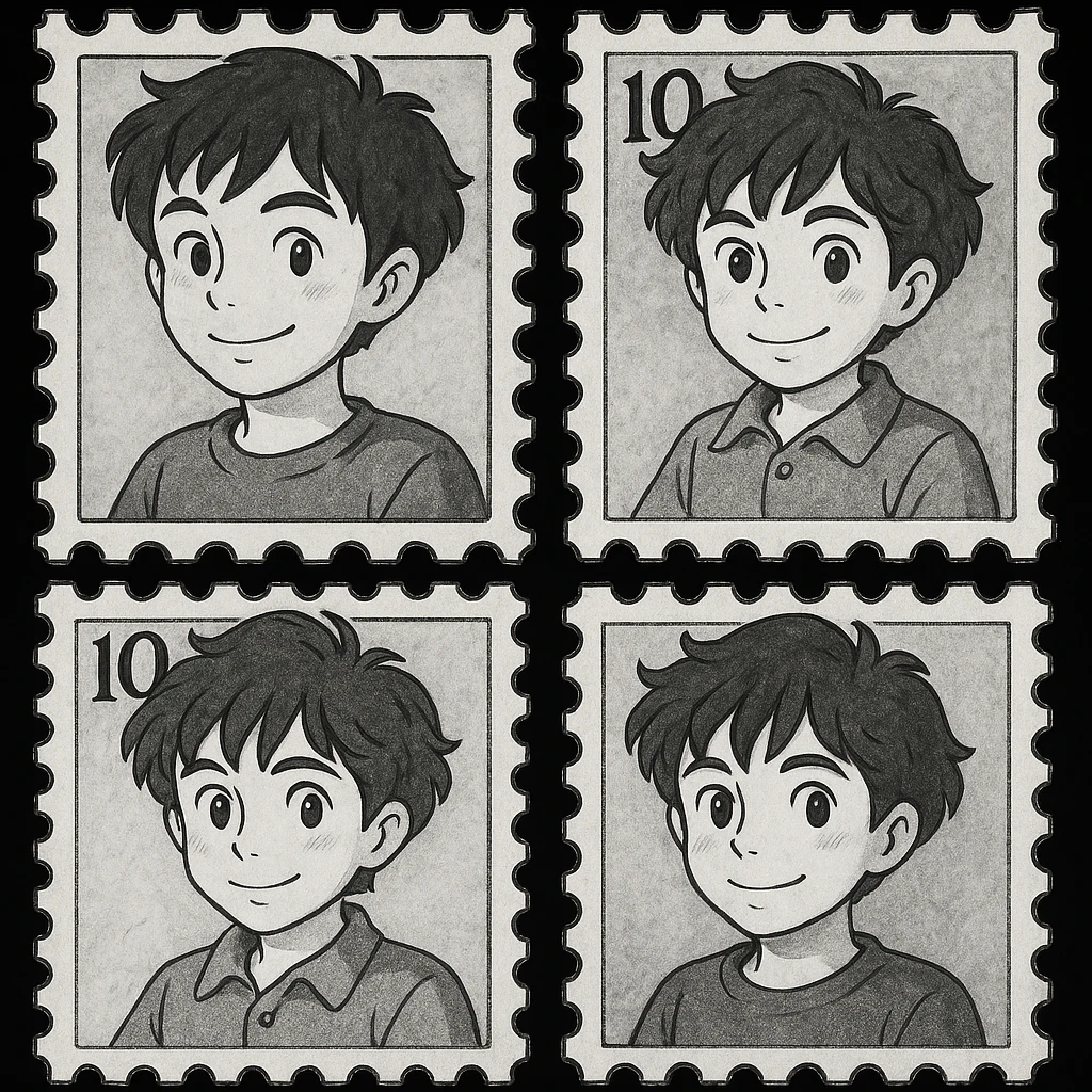 Convert the letter stamp images to completely black and white with no color, preserving the letter stamp style, in a studio ghibli style illustration. Focus on black and white tones only, no color. emoji