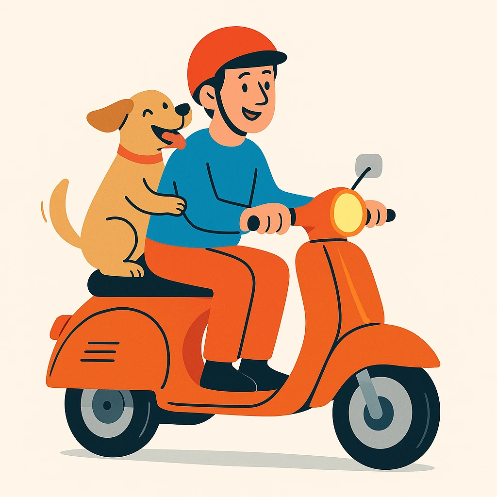 vector art of a man and his pet dog riding a vespa, for website design emoji