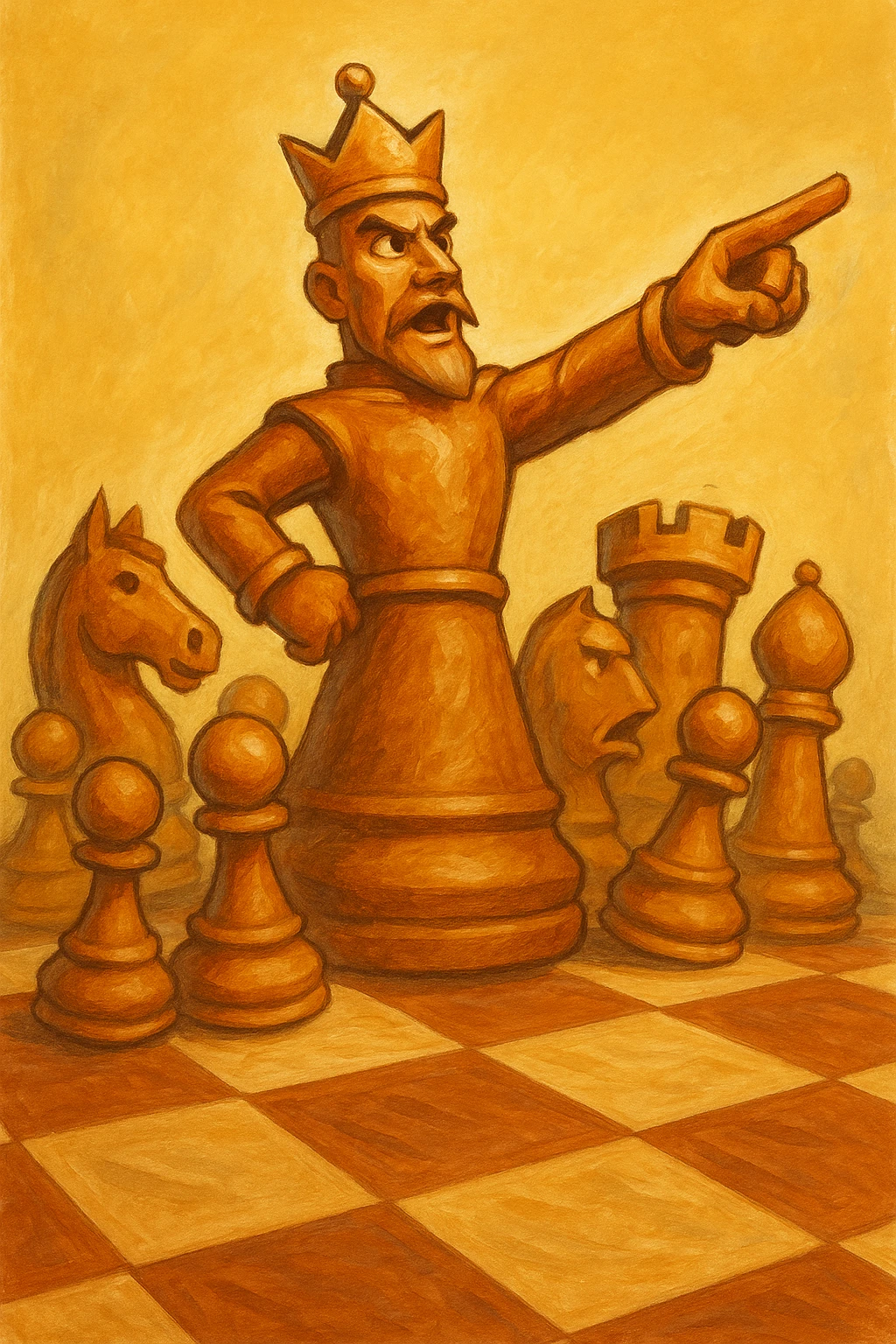 В cлегка рисованной, но при этом объемной и яркой стилистике сгенерируй картинку где по центр стоит шахматный король, он указывает пальцем в даль как военноначальник, а рядом фигуры пешек, конь, ладья, слон идут в атаку, на полу виднеется шахматная доска, фон позади фигур однотонный emoji