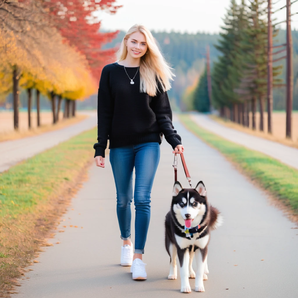 Cute Blonde woman wearing a black sweater and jeans and white sneakers walking a happy red-brown blue-eyed Siberian husky in New York City on an upper east side city sidewalk  emoji