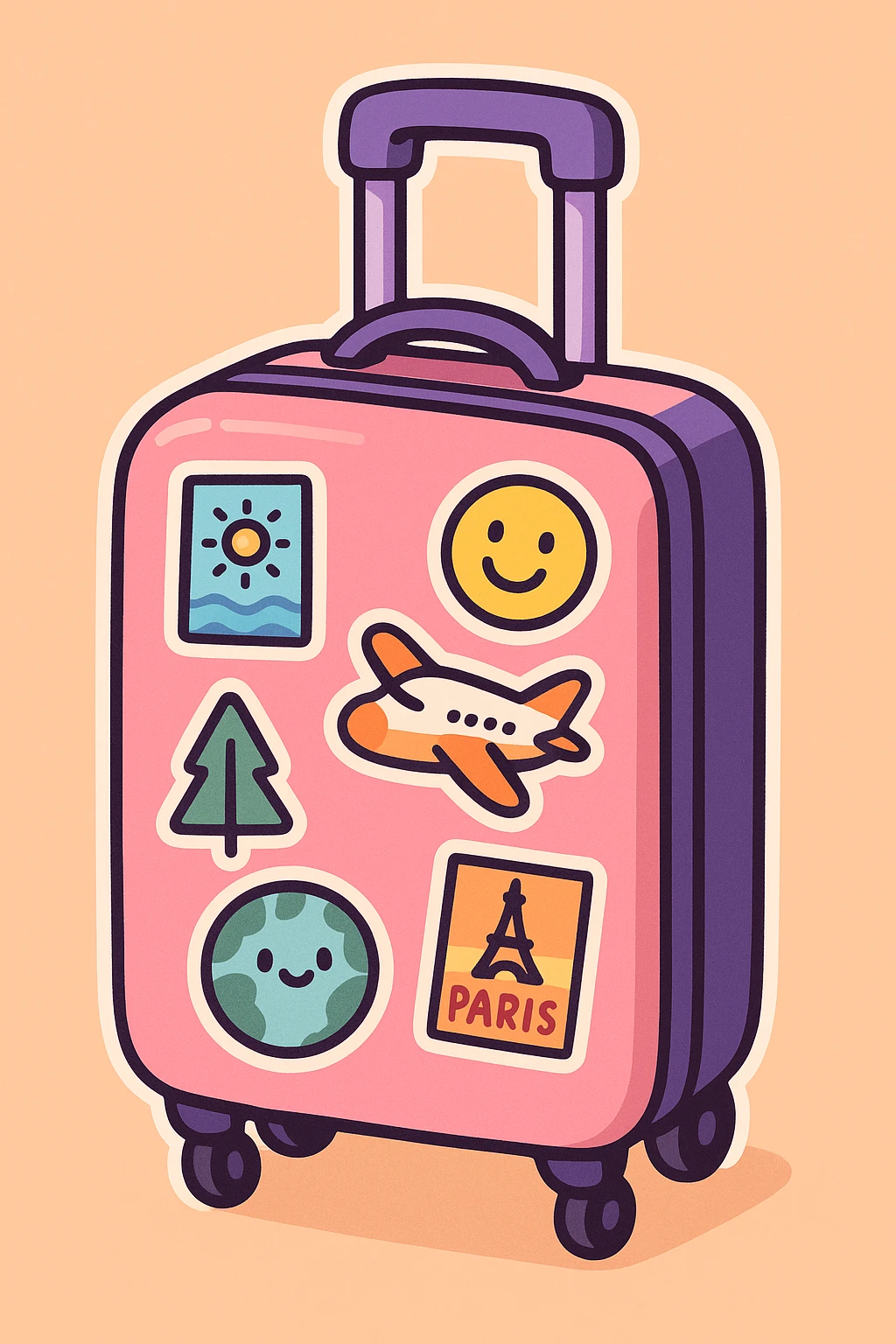pink and purple rolling suitcase with a mix of travel stickers, thick line art, flat pastel colors, graphic shadows and highlights, white sticker outline, cute cartoon style, variation 3 emoji