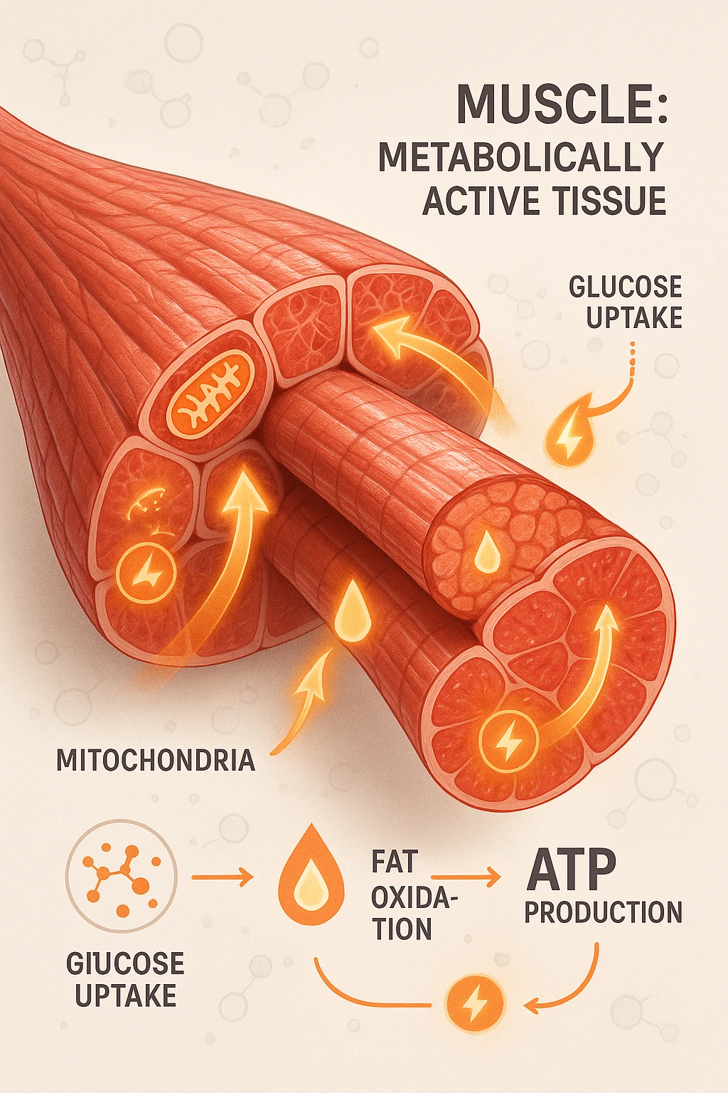 a highly detailed cross-section of human skeletal muscle fibers, shown in vibrant red and pink tones, with visible striations and realistic texture. Glowing arrows and animated icons represent active metabolic processes—such as glucose uptake, fat oxidation, and ATP production—occurring within the muscle tissue. Surrounding the muscle, floating symbols for mitochondria and energy highlight its metabolic activity. The background is clean and clinical, with subtle labels and infographics explaining that muscle is a metabolically active tissue. The overall style is modern, scientific, and visually engaging, suitable for educational or medical use. emoji
