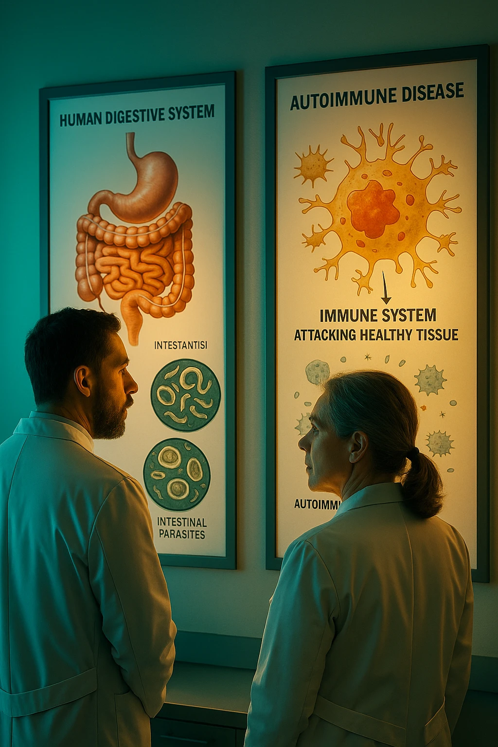 In italiano Realistic, detailed photo taken from behind of two doctors—a bearded man and a middle-aged woman—standing side by side in a modern medical office, intently studying a large, illuminated medical chart on the wall. The chart displays a detailed diagram of the human digestive system, highlighting the intestines and showing microscopic images of intestinal parasites. Next to it, another chart illustrates the immune system attacking healthy tissues, visually connecting gut parasites to autoimmune disease mechanisms. The room is bathed in a single green-blue color, with a warm, yellow-orange light casting soft shadows around the doctors. Both wear white coats and have serious, focused expressions, suggesting a deep discussion about the root causes of autoimmune conditions. Shot with a Canon EOS R5, with high detail, natural depth of field, and a clinical yet dramatic atmosphere. emoji