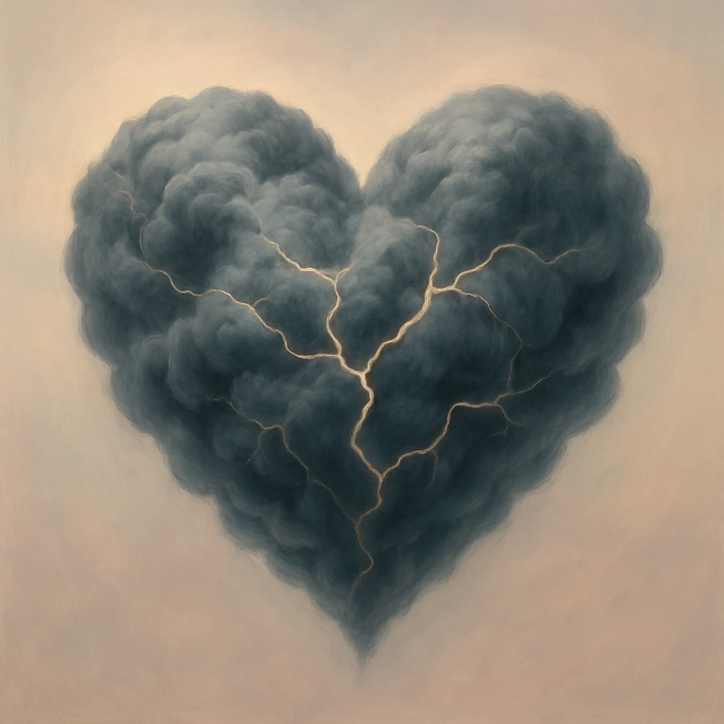 heavy heart formed from stormy, swirling clouds, with visible cracks, set against a soft pastel minimalist background, abstract, soft gradient emoji