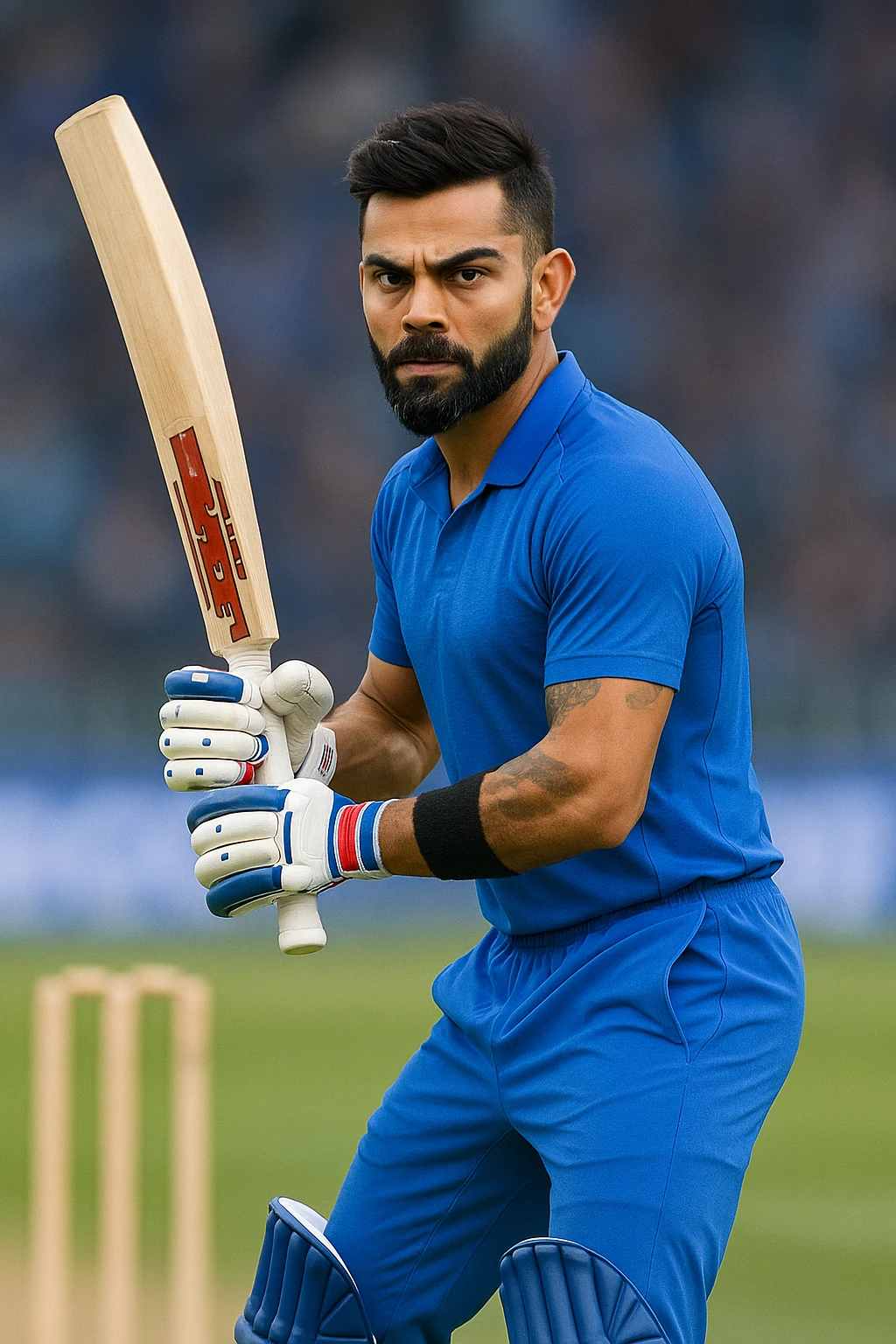 Virat Kohli, cricket legend, focused look, blue sportswear, signature beard, stylish hair, ready to bat emoji