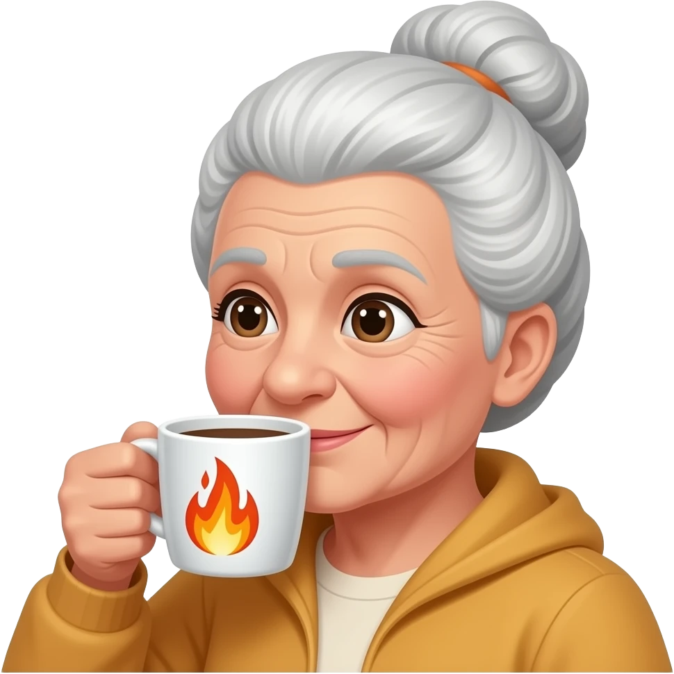 old women with bun and drink coffee with flame emoji