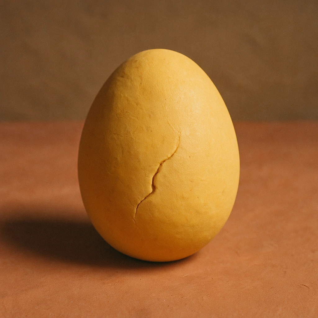 A golden egg in claymation style with a matte, plasticine texture, visible fingerprints, and pastel colors, with a crack on the shell. emoji