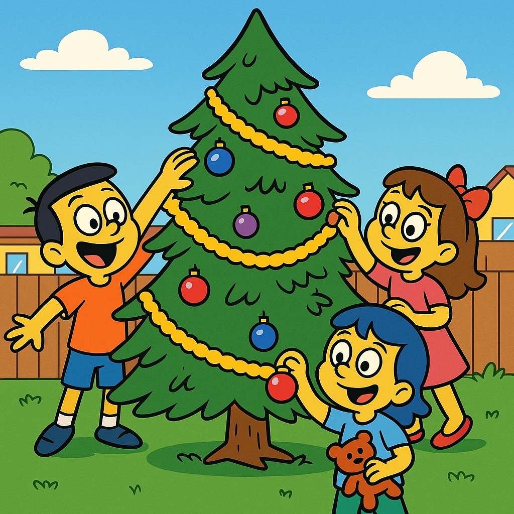 The children covered the tree in tinsel and ornaments. emoji