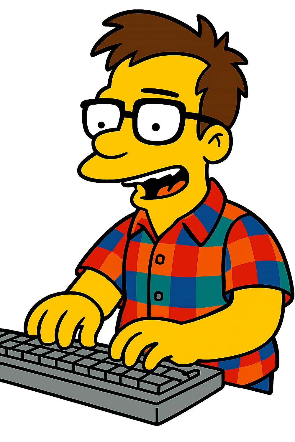 Simpsons-style computer programmer, yellow skin, plaid shirt, typing on a keyboard emoji