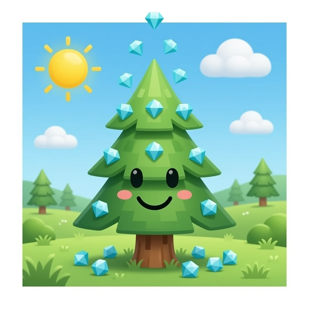 pine tree with a happy face, full of Minecraft diamonds with diamond blocks falling from above emoji