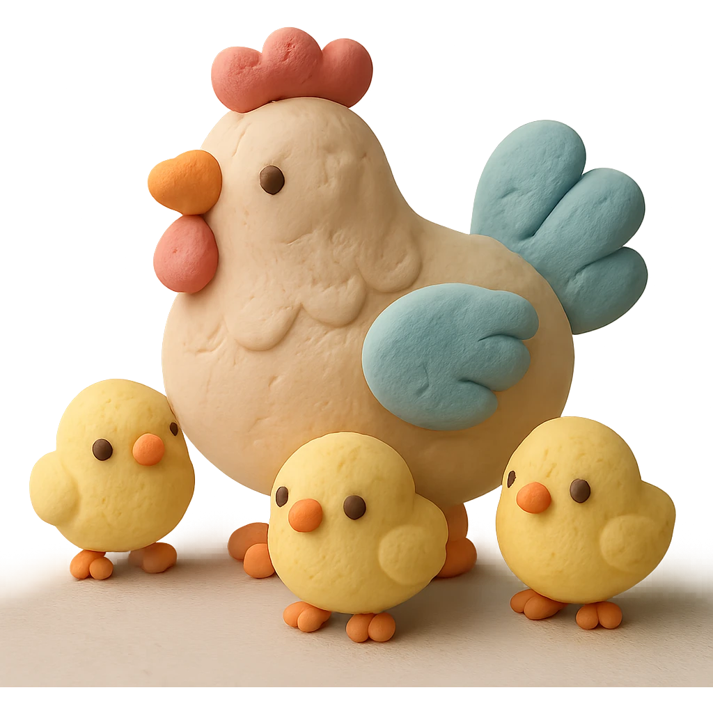 hen with baby chicks, soft pastel colors, visible fingerprints, matte plasticine look emoji