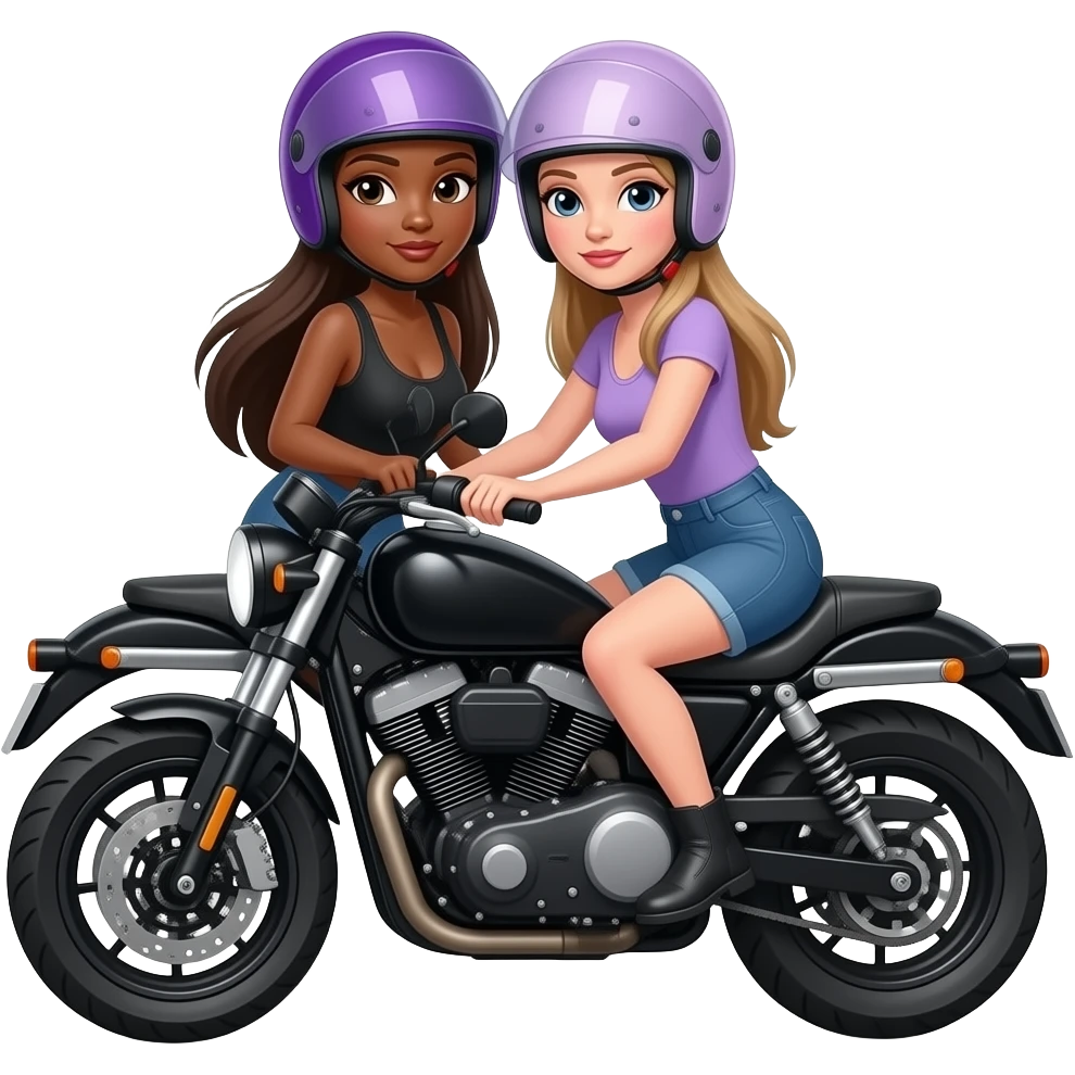 Dos mujeres una de tez morena y blanca cabello lacio largo en moto negra y cascos morado automática y casco lila emoji