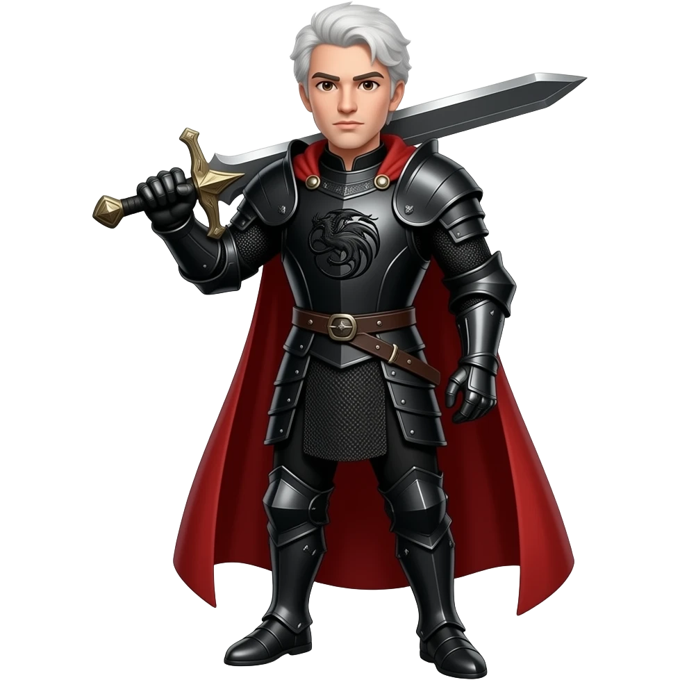 Згенеруй лцаря з білим, довгим волоссям, в чорних обладунках, на грудях герб таргаріенів однотонним чорним візерунком, він стоїть в повний зріст з чорним мечем, видно його обличчя, під кутом, витягнуте обличчя, карі очі, червоний плащ, меч тримає піднятим emoji