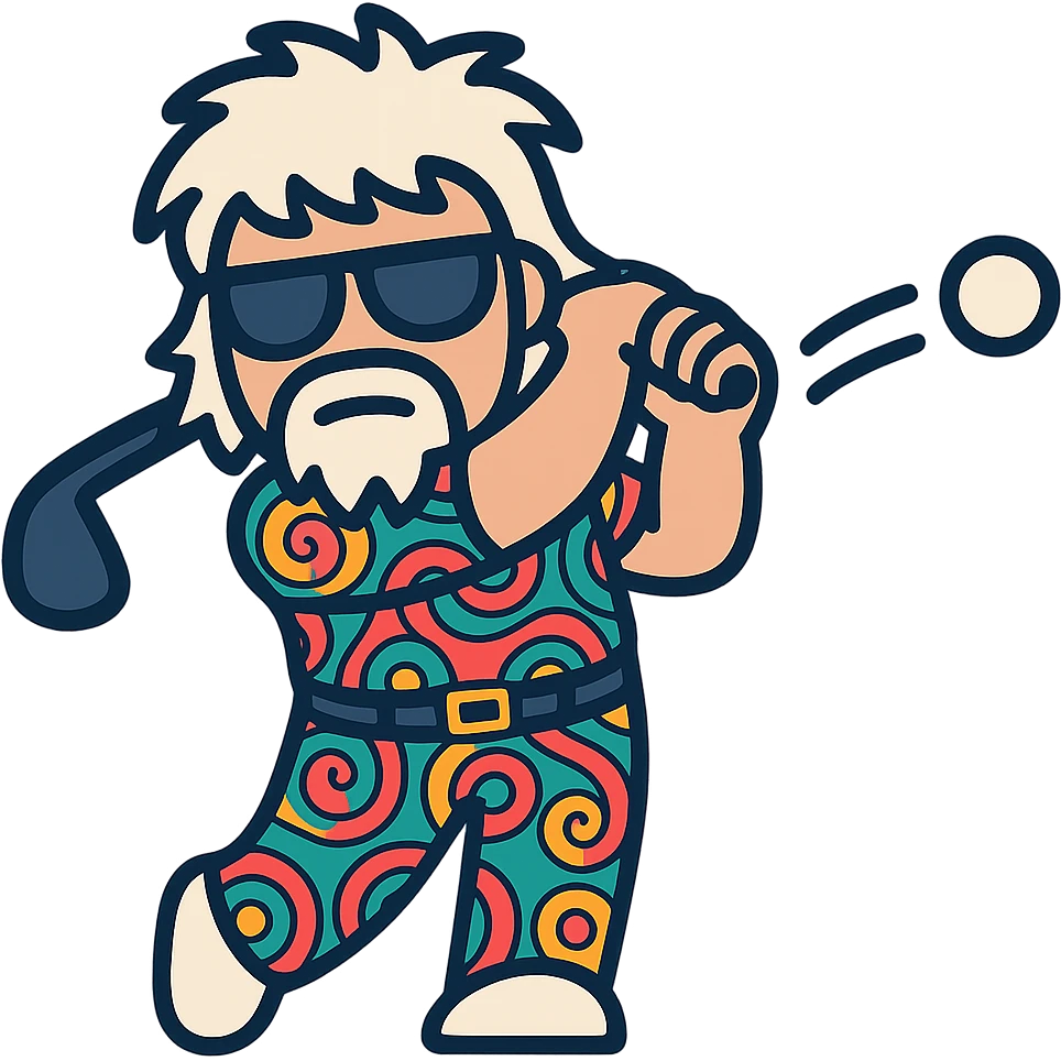 Create an icon of John Daly swinging a golf club with a golf ball in motion, in the same style as the reference image, with a transparent background. emoji