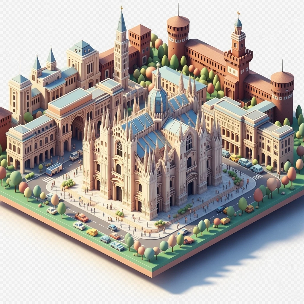 Isometric Milan with the Milan Cathedral (Duomo di Milano), toy-style elements, soft shadows, pastel diorama style, transparent background emoji