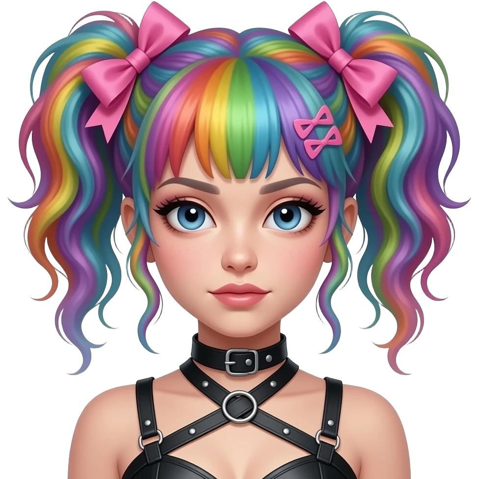 Baphomet babe freak with messy, frazzled, washed-out rainbow dyed loose space buns with frilly girly pink hair bows and bondage restraints emoji