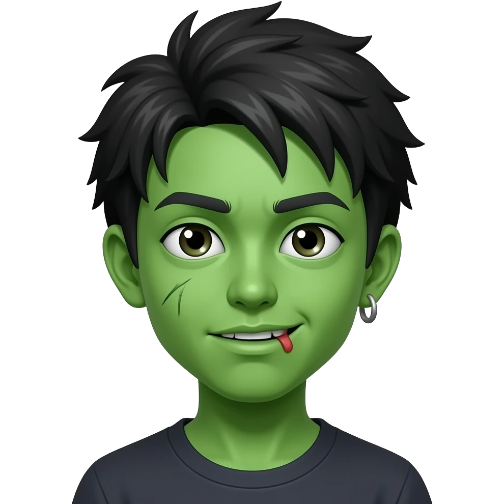 menino zombie cor de pele verde japonês com luzes brancas com piercing na sobrancelha emoji
