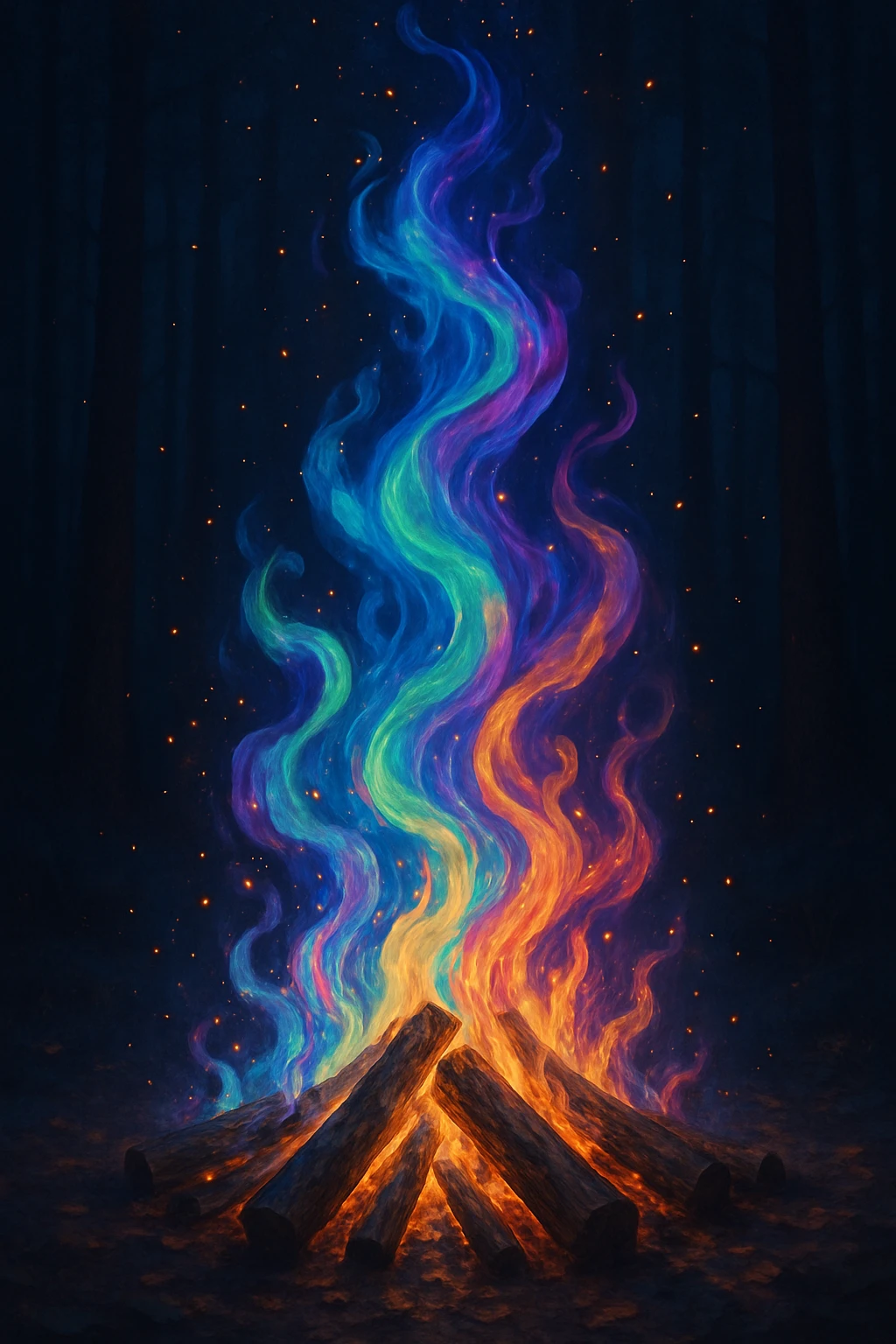 a bonfire with swirling, colorful flames, hypnotic effect, sparkling embers, fantasy, captivating emoji
