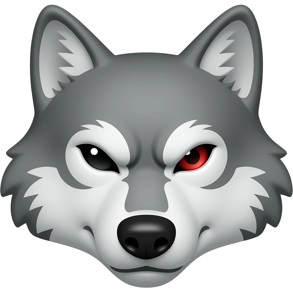 Angry gray wolf with visible red eye only face and small emoji