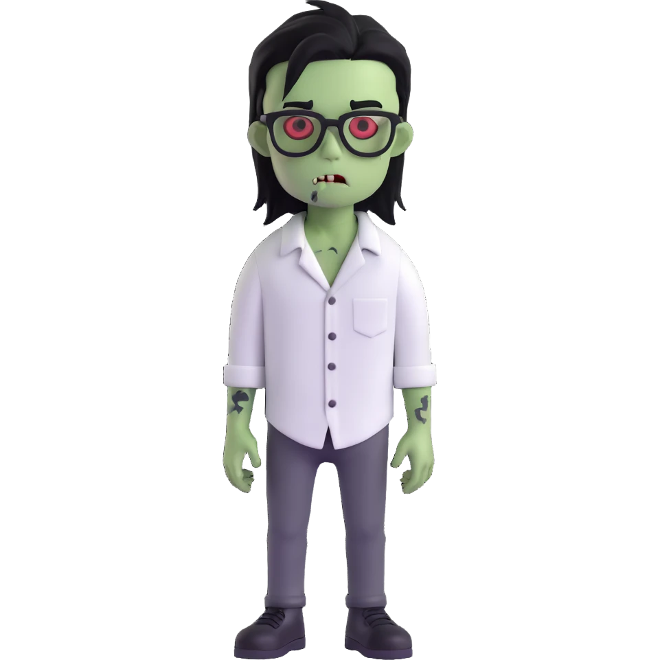 zombie boy with long black emo hair, glasses and white shirt, 3D emoji style emoji