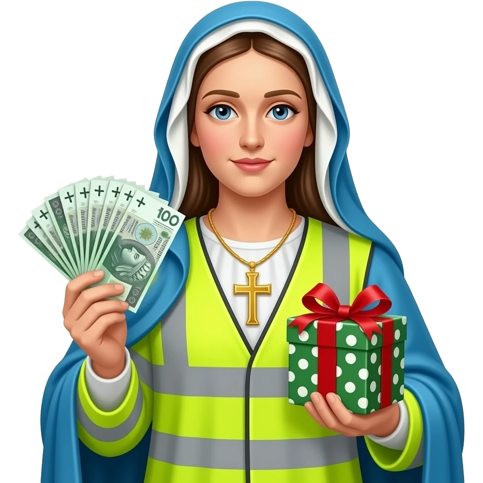 virgin marry with gloden cross necklace in neon yellow highviz clothes with a polski złoty bank notes in hand and in left hand a chistmas gift emoji