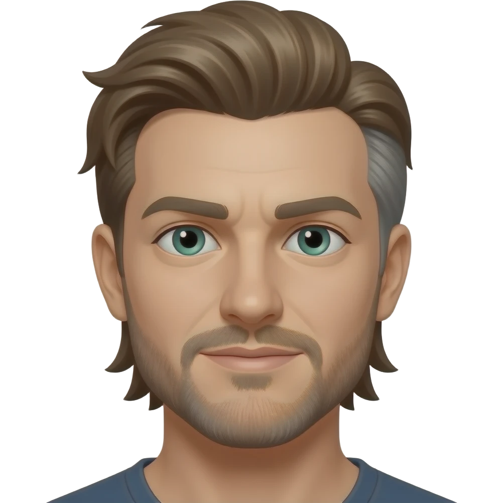 Mullet with side flares, hazel blue green eyes, some grays with mostly hazel hair, 5 o’clock shade beard emoji