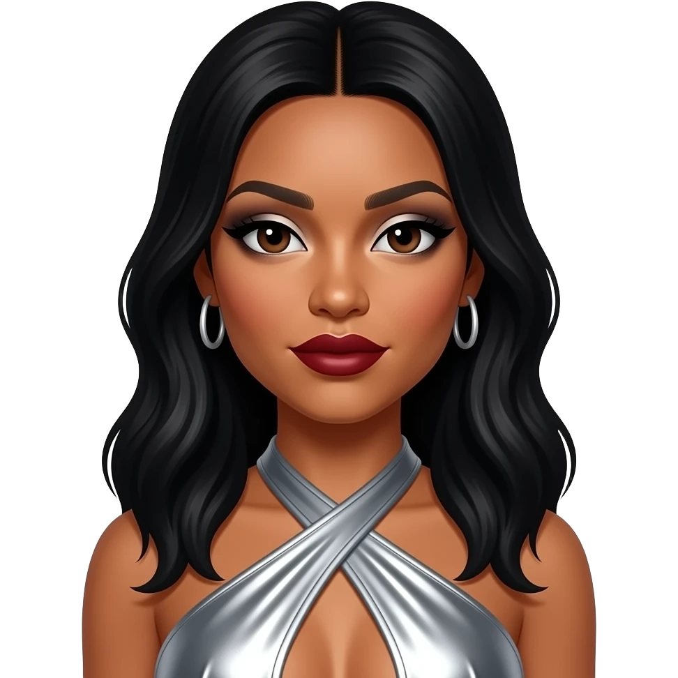 D. Woods from Danity Kane with dark skin, dark brown eyes, long black hair, silver eyeshadow, dark red lipstick, silver metallic halter dress, silver earrings emoji