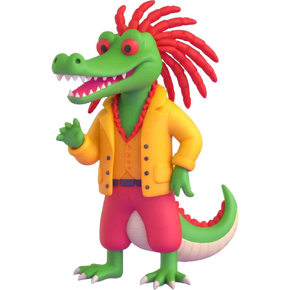 Add red color into the alligator's dreadlocks, keep the 3D cartoon Rasta style and vibrant clothes, with no background. emoji