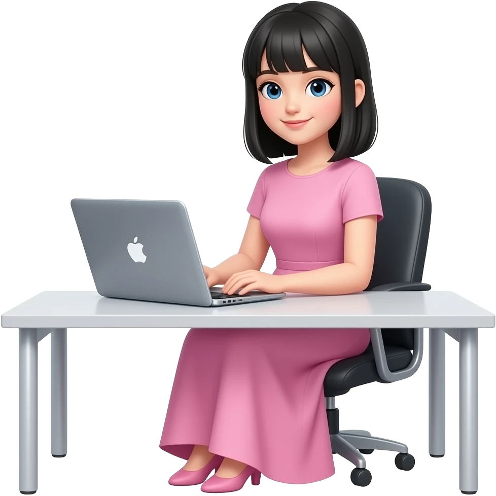 Girl with black hair no bangs, wearing a pink dress, sitting in a office table and using MacBook emoji