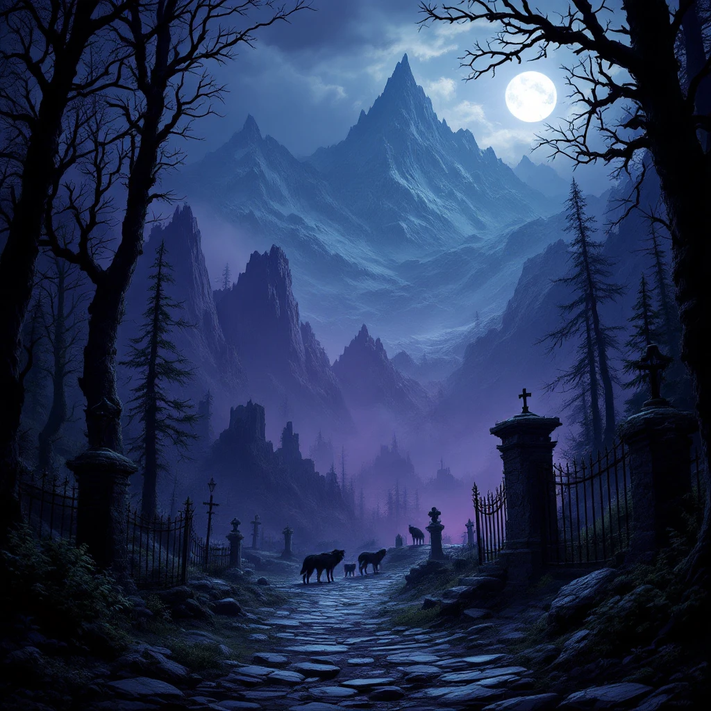 a fantasy dark forest, mountainous jagged terrain, haunted, graveyard, iron fences and stonework, trees, wolves in the distance, thick woods, deep dark purple myst emoji