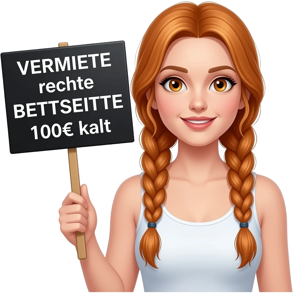 sexy girl with long ginger braids and ginger eyes wearing a white tanktop is holding a black sign with VERMIETE rechte BETTSEITTE 100€ kalt written on it emoji