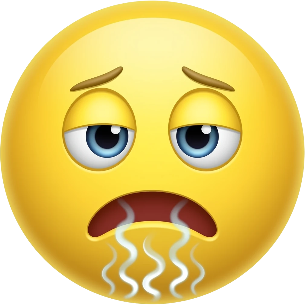 Yellow circle looking tired and suprised and air coming out of the mouth emoji