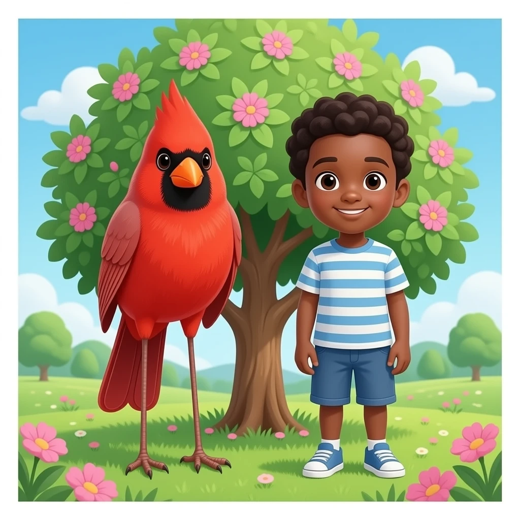 A red cardinal in a red cardinal in a tree with pink and green flowers while an African American boy and little African American boy look on emoji