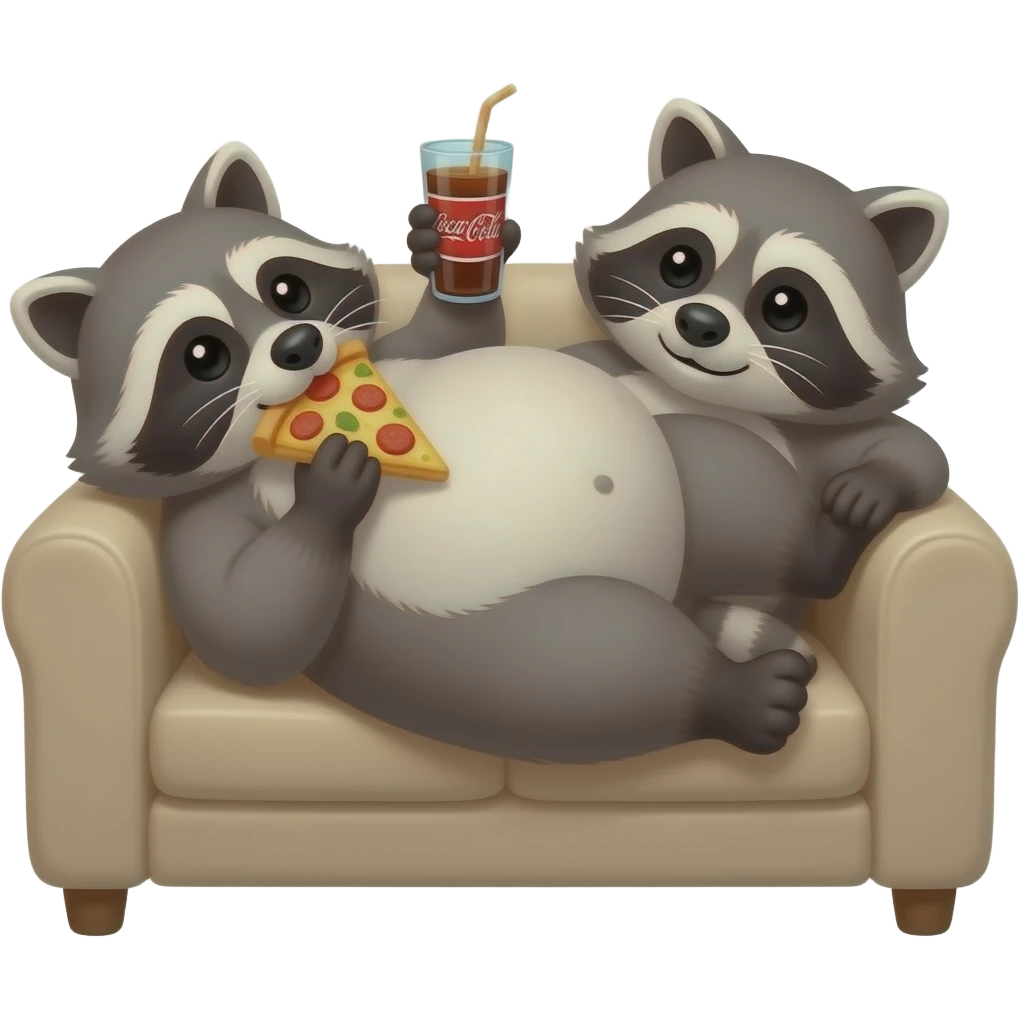 Raccoon with a fat belly, laying on couch, eating pizza, and drinking root beer emoji