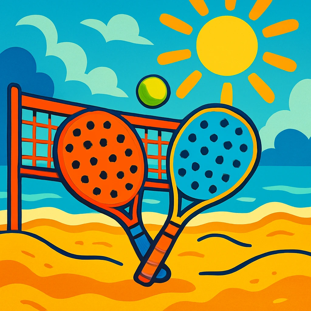 beach tennis scene, vibrant and energetic, sand, rackets, sun, fun, cartoon style emoji