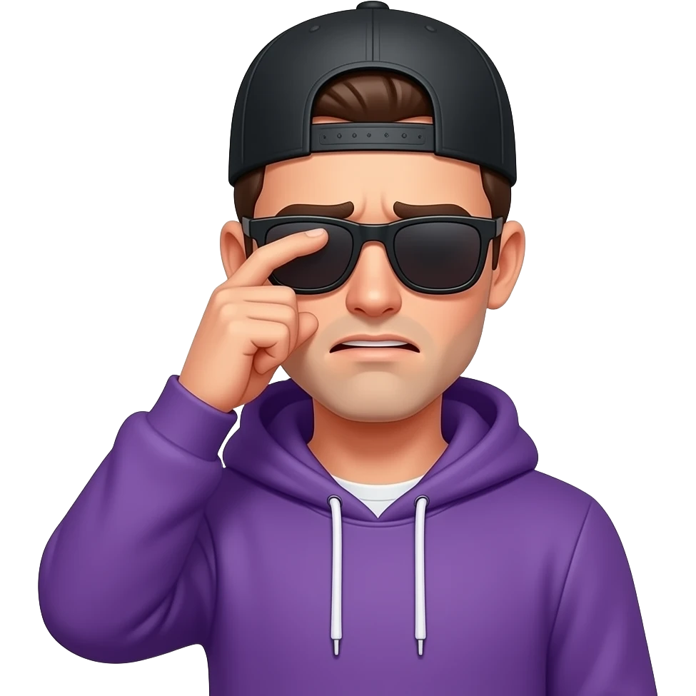 tall skinny guy with black basecap, purple hoodie, sunglasses facepalm emoji