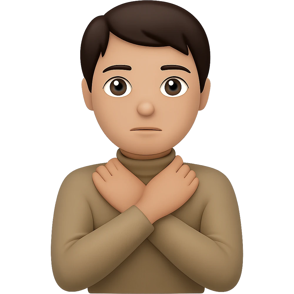 Change hair to brunette, keep arms crossed holding neck, neutral expression, preserve transparent background. emoji