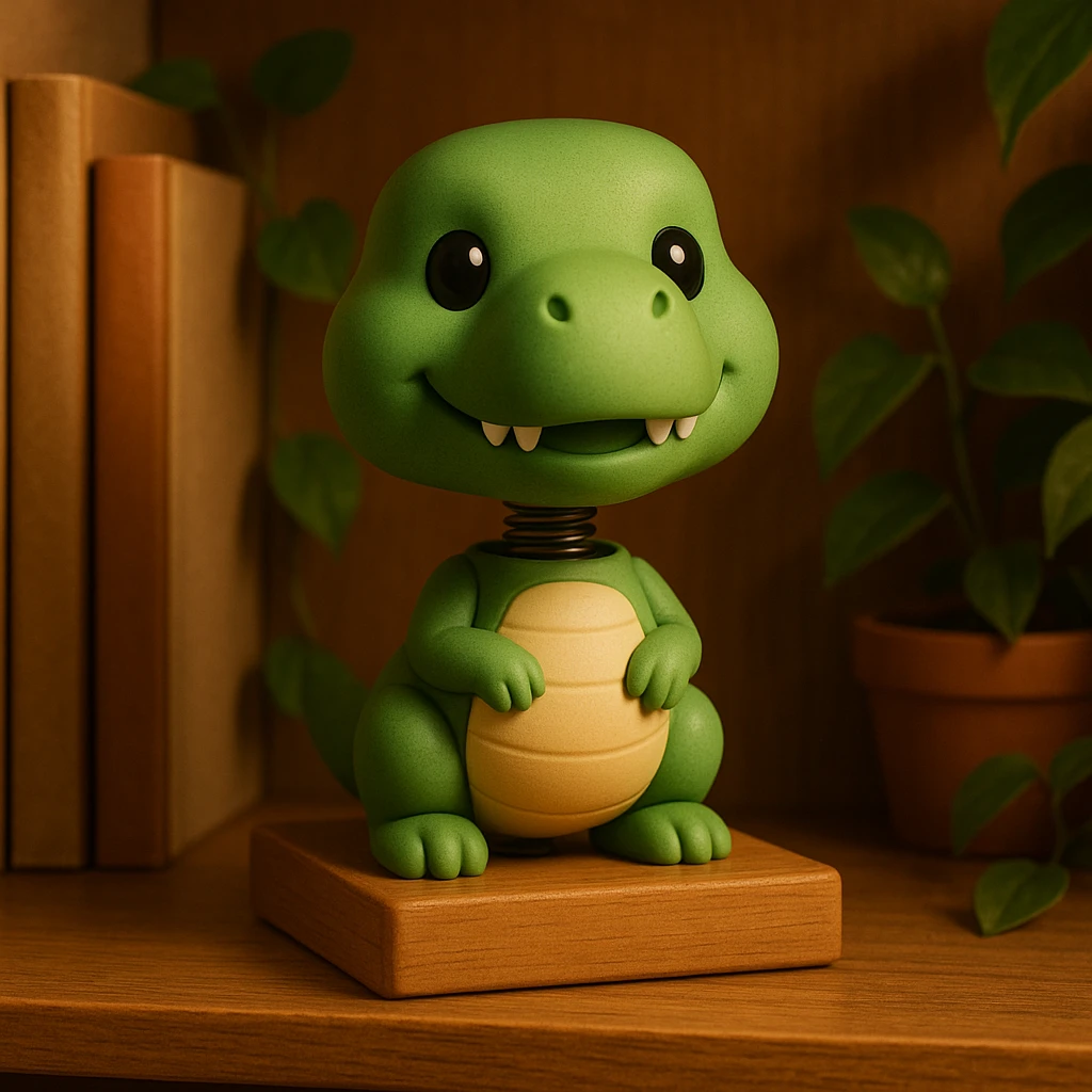 a dinosaur bobblehead, green, cute, big head, tiny arms emoji