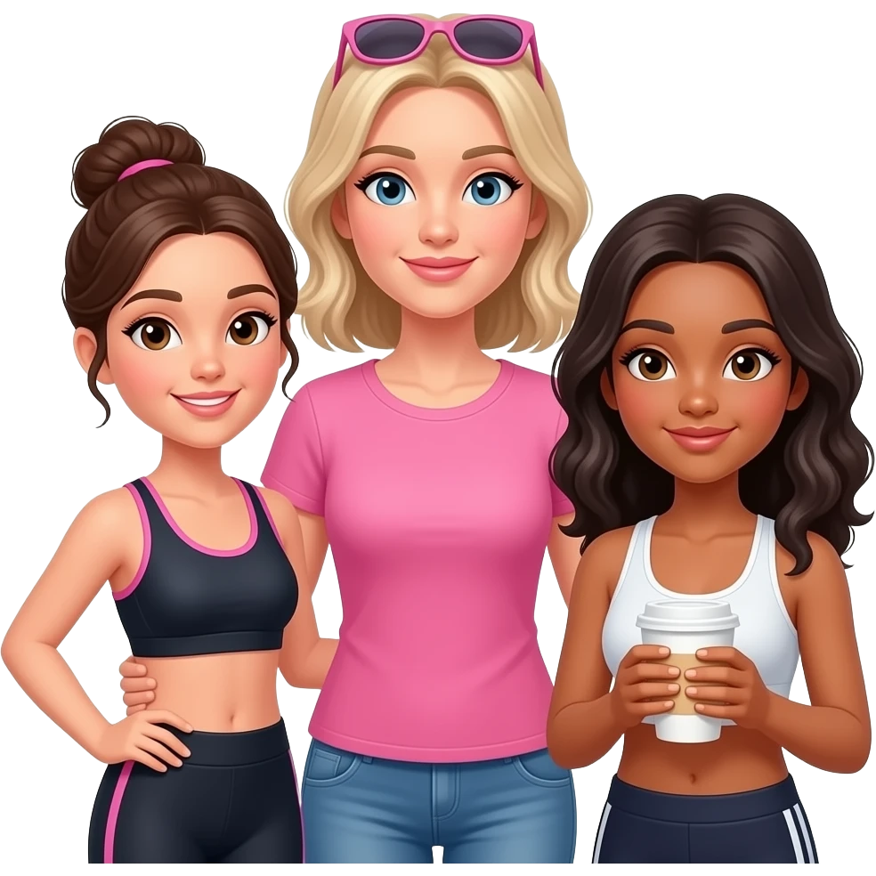 Blonde Caucasian mum wearing pink with sunglasses on top of head with two sassy dark haired teenage daughters one wearing gym wear other daughter wearing halter top drinking coffee emoji