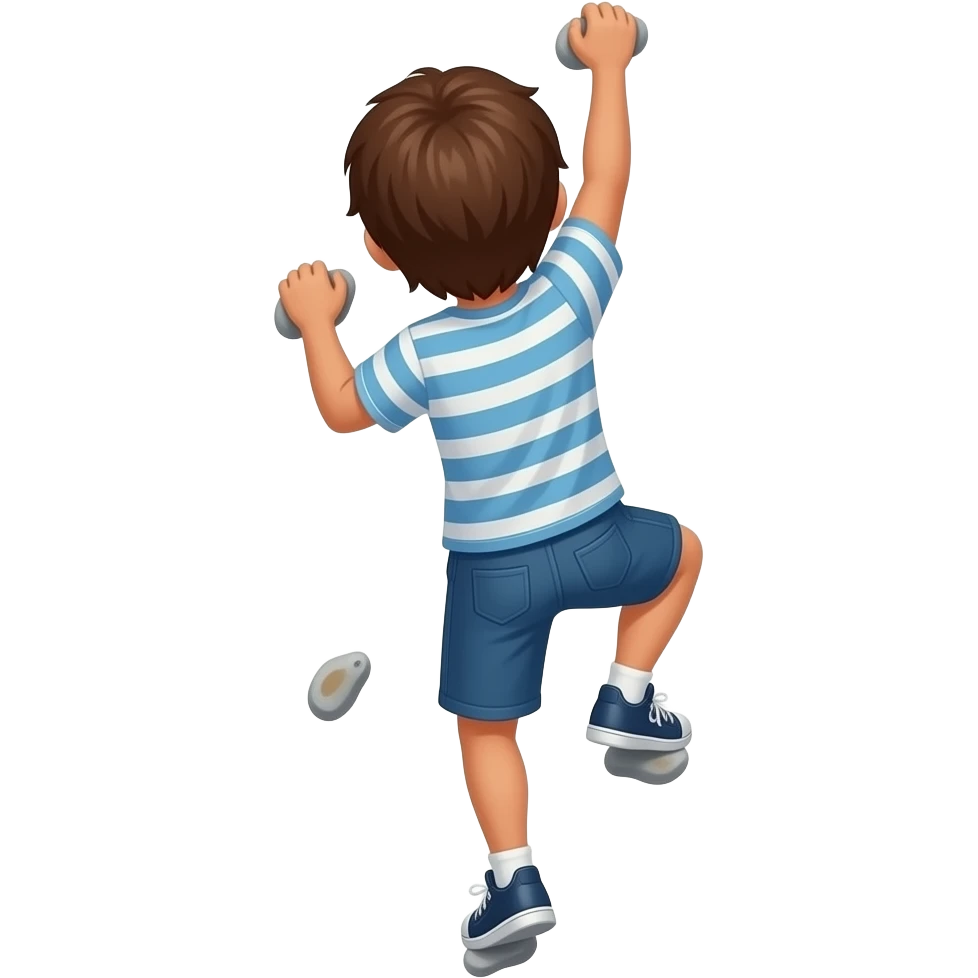 un niño de 12 años que se le vea todo el cuerpo, que sea moreno y que tenga el pelo largo. no tan moreno. que este escalando de espaldas y que solo este el chico emoji