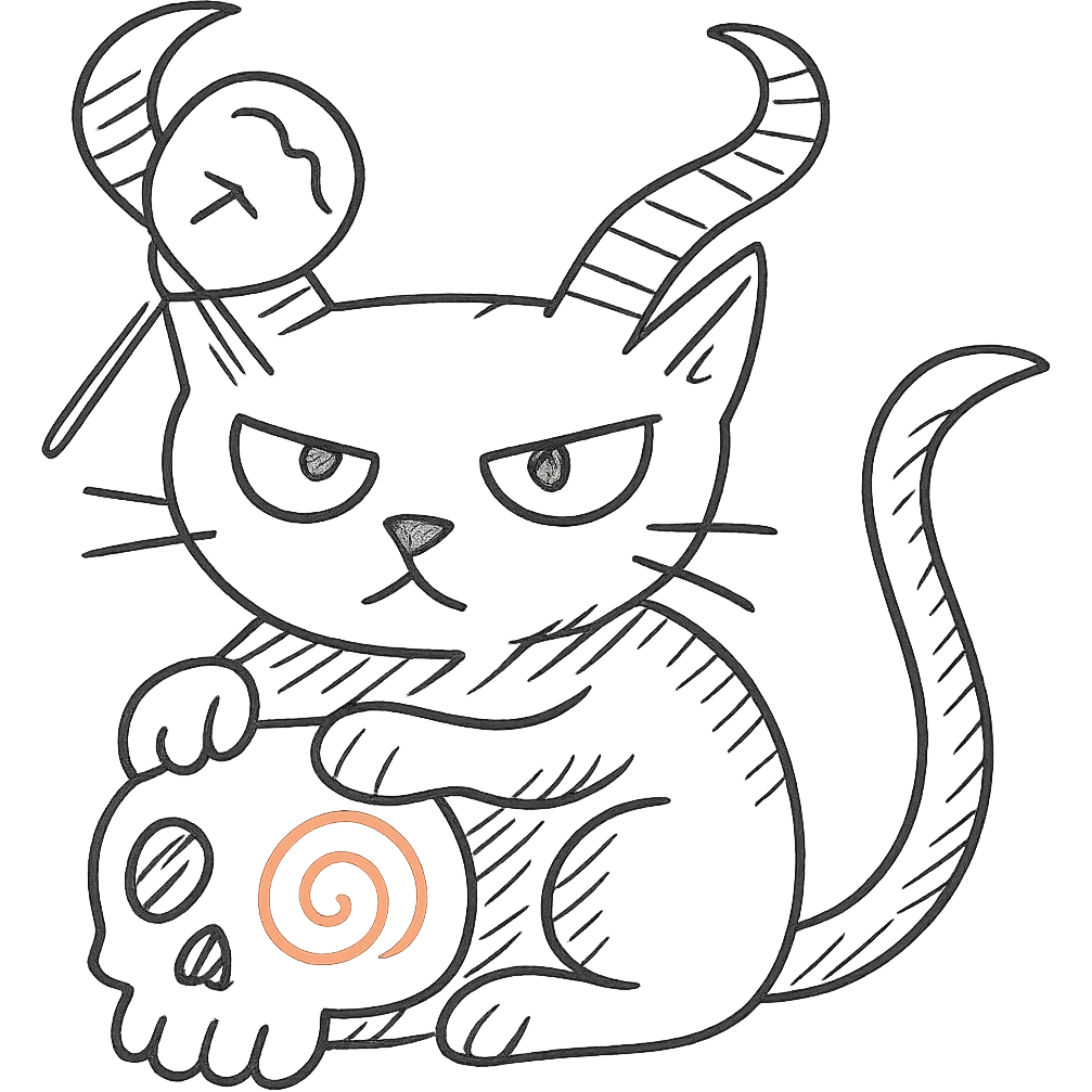 Add the iconic lollipop from the Trick 'R Treat movie hanging from one of the cat's demon horns, hand drawn style with dynamic outlines, no fill, preserve the red spiral on the skull, transparent background. emoji