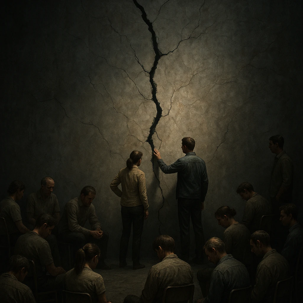 A group of people standing in front of a large visible problem such as a cracked wall, a polluted environment, or a massive locked gate symbolizing limitation or illness. Most people sit idly, distracted or indifferent, while only two individuals step forward trying to fix or understand the issue. Lighting highlights the two proactive people, while the rest are in muted tones. Conceptual, symbolic, emotionally charged, cinematic composition with strong contrast between action and apathy, hyperrealistic 4K. emoji