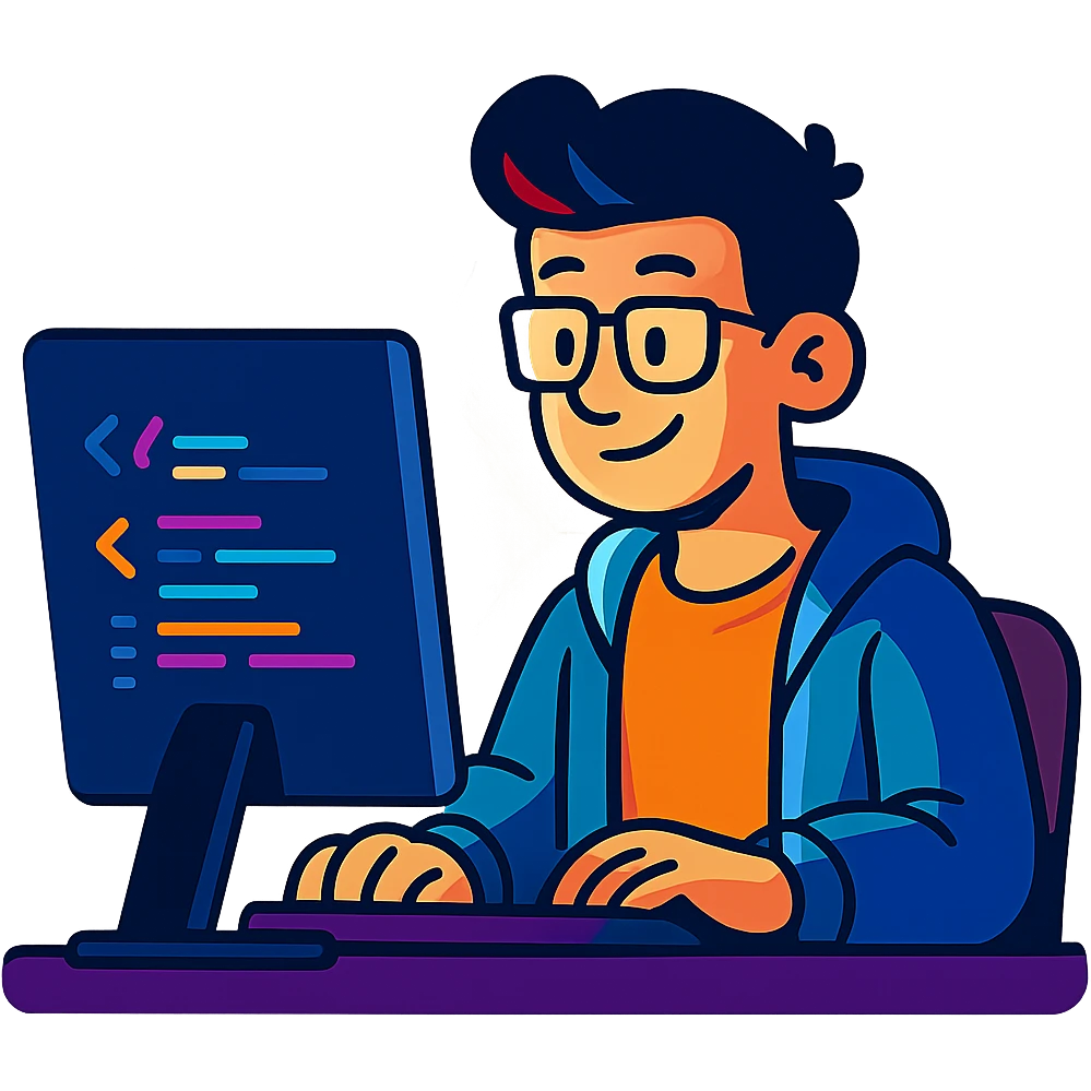 programmer sitting in front of computer, focused on coding, modern cartoon style, bright colors, simple background emoji