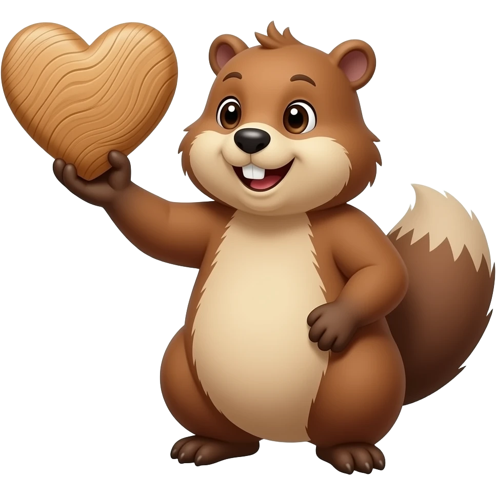 Beaver holding up a wood heart emoji