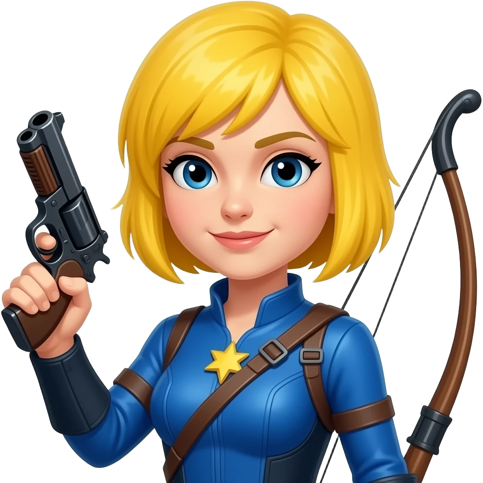 WOMEN HUNTER WITH YELLOW HAIR AND GUN AND BLUE costume emoji